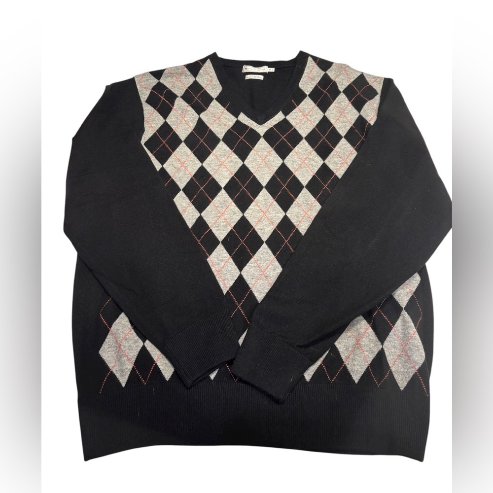 Peter Millar Argyle Men's Sweater XL Pullover V-neck Wool‎ and Cashmere Blend